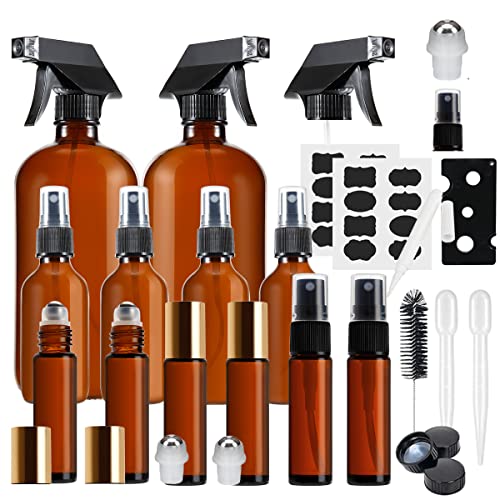 MASSUGAR Amber Glass Spray Bottles Set - Refillable Brown Dark Bottle Mixing Kits is Great for Essential Oils - Fine Mist 16 oz 2 Pack, 2 oz 4 Pack, 10 ml 2 Pack and 10 ml Roller Bottles 4 Pack