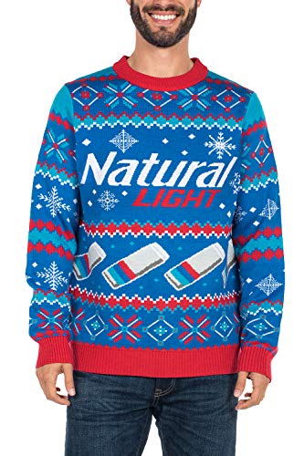 Tipsy Elves Men's Natural Light Ugly Christmas Sweater - Natty Light Xmas Sweater (Blue, Medium)