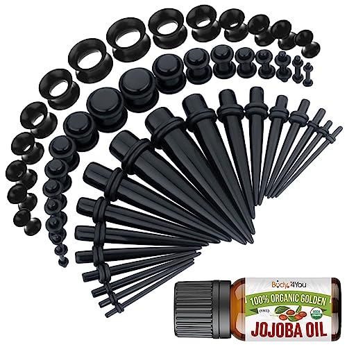 BodyJ4You 54PC Ear Stretching Kit 14G-12mm - Aftercare Jojoba Oil - Acrylic Plugs Gauge Tapers Silicone Tunnels - Lightweight Expanders Men Women (Black)