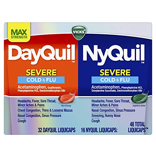 Vicks DayQuil and NyQuil SEVERE Combo, Cold & Flu Medicine, Max Strength Relief For Fever, Sore Throat, Nasal Congestion, Sinus Pressure, Stuffy Nose, Cough, 48 Count, 32 DayQuil, 16 NyQuil
