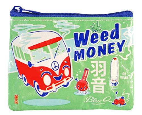 Blue Q Coin Purse, Weed Money. Made from 95% recycled material, the ultimate little zipper bag to corral money, ear buds, gift cards, stamps, vitamins, coins. 3'h x 4'w.