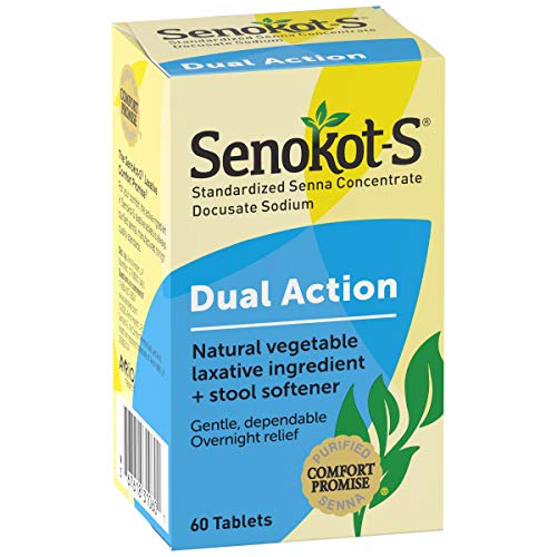 Senokot-S Dual Action Natural Vegetable Laxative Ingredient Plus Stool Softener Tablets, Docusate Sodium, Senna Concentrate, Gentle, Overnight Relief from Occasional Constipation, 60 ct