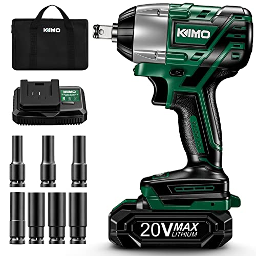 KIMO Cordless Impact Wrench 1/2 Inch, Impact Wrench Kit w/Premium Brake Stop, 7 Sockets, 1-Hour Fast Charger, 1/2 Impact Gun, Brushless High Torque Impact Driver with 260 ft-lbs (350N.m) & 3000 RPM