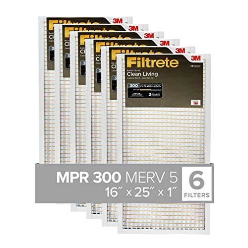 Filtrete 16x25x1 Air Filter MPR 300 MERV 5, Clean Living Basic Dust, 6-Pack (exact dimensions 15.69 x 24.69 x 0.81)