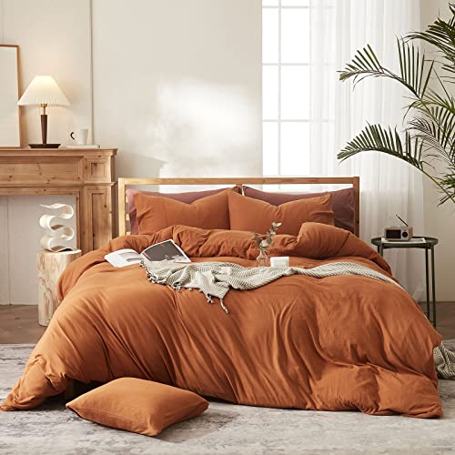 MKXI Caramel Pumpkin Duvet Cover Queen Terracotta Bedding Set Breathable Jersey Duvet Covers Simple Rust Bed Collection Easy Care Solid Color Adults Bedding Zipper Closure