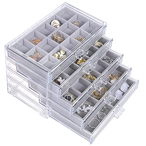 misaya Earring Jewelry Organizer with 5 Drawers, Birthday and Christmas Gift, Clear Acrylic Jewelry Box for Women, Velvet Earring Display Holder for Earrings Ring Bracelet Necklace, Gray