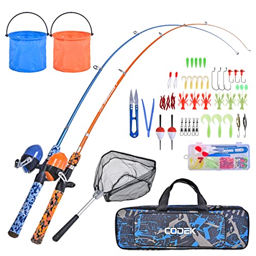 CODEK Kids Fishing Pole Set with Full Starter Kits 2 Set Portable Telescopic Fishing Rod and Spincast Reel Cambos with a Fishing Net and 2 Buckets for Boys Girls and Youth (Blue+Orange)