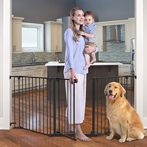 Tokkidas 24.4”-80” Auto Close Baby Gate, Extra Wide Dog Gate with One Hand Operation, Hardware Mount, Foldable 3 Steel Panels Angle, Deluxe Walk Thru Pet Gate for Stairs, Doorways, Kitchen, 29” Height