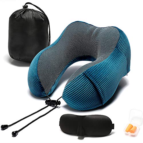 Travel Pillow, Memory Foam Neck Pillow with 360-Degree Head Support Comfortable Airplane Pillow with Storage Bag Lightweight Traveling Pillow for Sleeping, Car, Train, Bus and Home Use(Blue)
