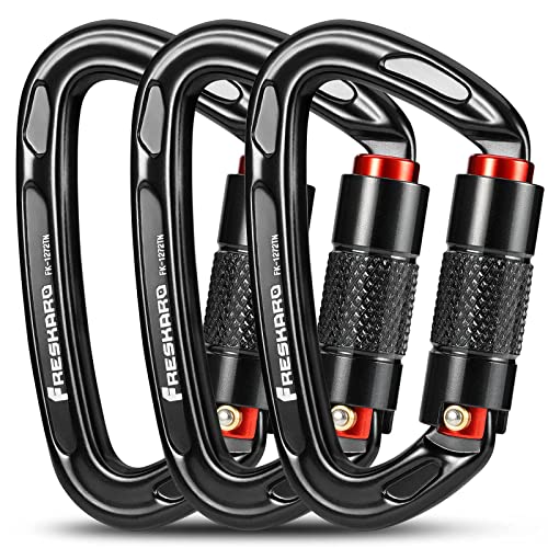 FresKaro 25kn Climbing Carabiners Double Locking Carabiner Clips, Heavy Duty for Rock Climbing, Rappelling, Hunting, or Survival Gear kit, Gym Equipment, Cerfified UIAA Carabiner Black