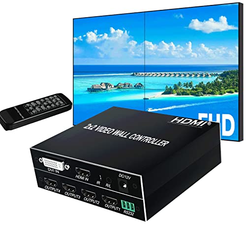 2x2 HDMI Video Wall Controller, HDMI & DVI Support 4K Input TV Wall Controller,1080P Output TV Wall Processor, IR Remote & RS232 Control,180 Degree Rotate 1x2,1x3,1x4,2x2,2x1,3x1x4x1 Video Wall