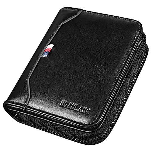 HUANLANG Mens Wallet RFID Blocking Multi Card Holder Wallets for Men Bifold Wallet with Zipper Small Men's Leather Wallet