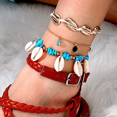 Awanka Boho Anklet Set Shell Ankles Chain Turquoise Foot Jewelry for Women and Girls 3pcs