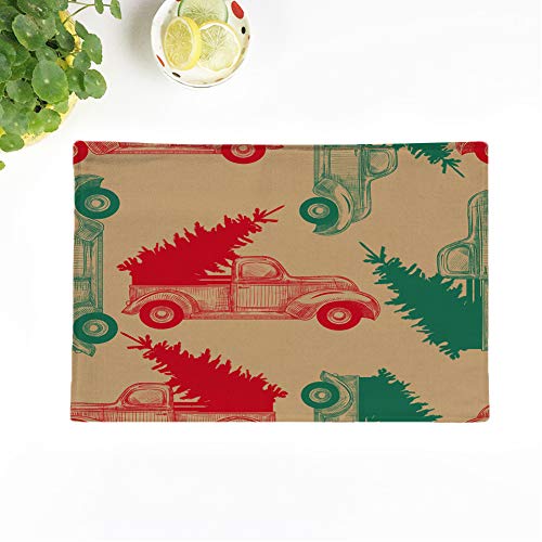 Topyee Placemats Set of 4 Rchristmas Truck with Christmas Tree on Craft Paper Rvintage Pattern Hand Drawn 17x12.5 Inch Non-Slip Washable Place Mats for Kitchen Dinner Table Mats Parties Decor