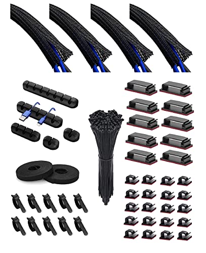 151pcs Cable Management Cord Organizer Kit 4 Cable Sleeve Split,35 Self Adhesive Cable Clip Holder,10pcs and 2 Roll Self Adhesive tie and 100 Fastening Cable Ties for TV Office Home etc (Black)
