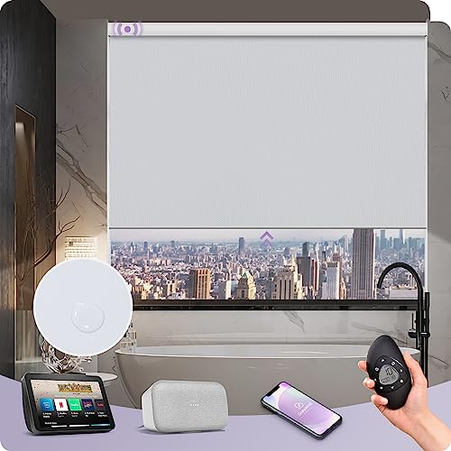 Graywind Motorized Roller Shade Blinds 100% Blackout Shades Cordless Waterproof Remote Control Window Automated Blinds with Valance Custom Size for Smart Home and Office, White