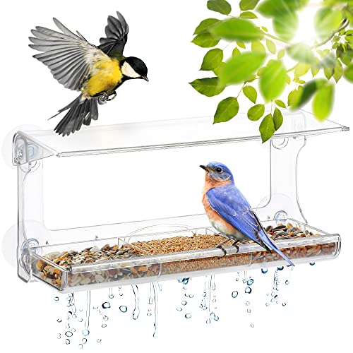 D.F. Omer Window Bird Feeder Weatherproof Outdoor Suction Cup Hanger Acrylic Plastic Window Bird Feeder with 3 Section Tray and Roof Cover, Clear