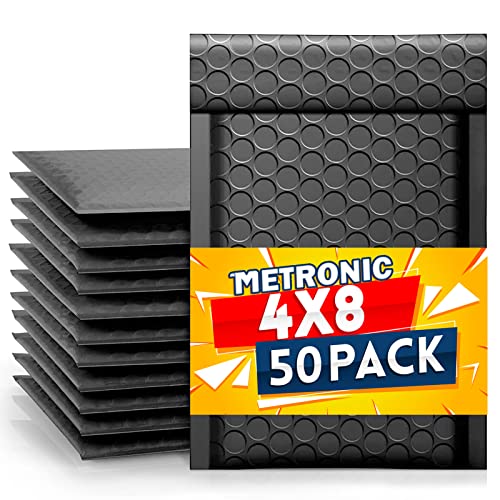 Metronic 4x8 Inch Bubble Mailer 50 Pack,Black Bubble Mailers, Waterproof Self Seal Adhesive Shipping Bags,Padded Envelopes for Shipping, Mailing, Packaging, Bulk #000