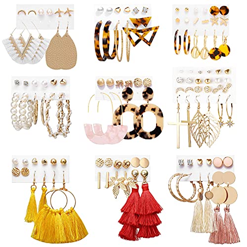 Earrings Set for Women Girls, Funtopia 61 Pairs Fashion Tassel Earrings Acrylic Hoop Stud Drop Dangle Earrings for Birthday Party Gift, Assorted Styles and Colors