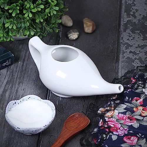 Qimacplus Leak Proof Durable Ceramic Neti Pot Comfortable Grip | Microwave and Dishwasher Friendly Natural Treatment for Sinus and Congestion (White)