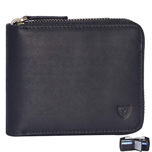 DONWORD RFID Men's Leather Zipper wallet Zip Around Wallet Bifold Multi Card Holder Purse (Black)