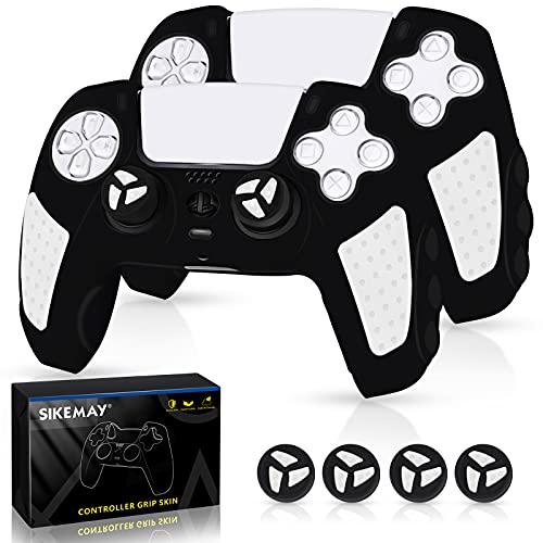 SIKEMAY [2 Pack] PS5 Controller Skin, Anti-Slip Thicken Silicone Protective Cover Case Perfectly Compatible with Playstation 5 Dualsense Controller Grip with 4 x Thumb Grip Caps (Black-White)