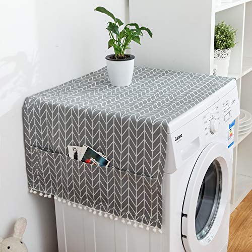 2PC Universal Fridge Dust Proof Cover, Cotton Fridge Cover Washing Machine Dryer Top Cover with 6 Storage Pockets Bags, Kitchen Bathroom Christmas Decor, 51' x 22' (2PC Gray Arrow)