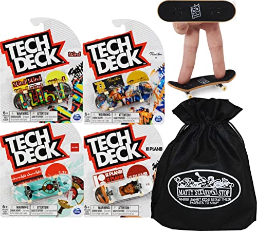 TECH DECK 96mm Individual Fingerboards Gift Set Party Bundle with Bonus Exclusive Matty's Toy Stop Storage Bag - 4 Pack (Assorted Styles)