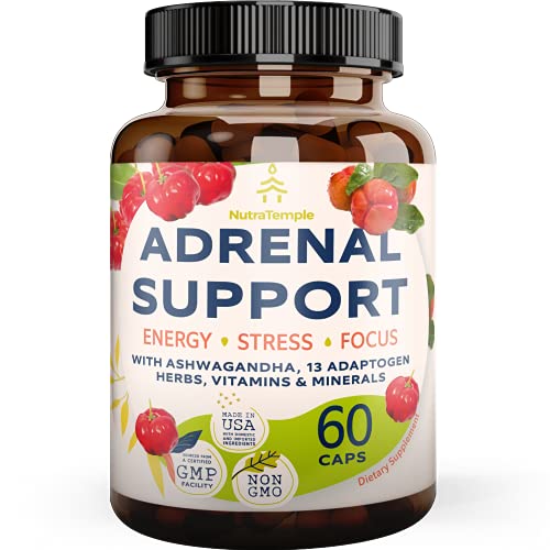 Adrenal Support & Cortisol Manager – Extra Strength Adrenal Fatigue Supplements for Energy, Mood Boost, Brain Fog with Ashwagandha, Rhodiola Rosea, L Thyrosine, Holy Basil – 60 NON GMO Pills