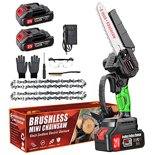 Mini Chainsaw 6-Inch Cordless Battery Powered Chain Saw with 2PCS 2.0Ah Rechargeable Battery Operated, 21V Powerful Brushless Electric Chainsaw, Handheld Small Chainsaw for Wood Cutting Tree Trimming