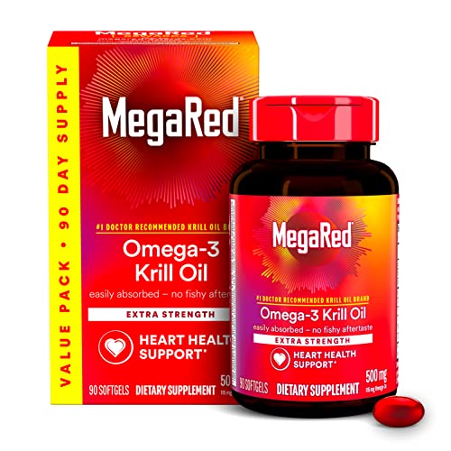 Antarctic 500mg Omega 3 Fatty Acid Supplement, MegaRed Extra Strength EPA & DHA Krill Oil Softgels (90cnt box), Antioxidant Astaxanthin, Heart Health Supplement With No Fish Oil Aftertaste