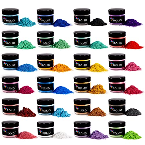 Rolio Mica Powder, 10g, 24 Jars - Pearlescent Color Pigment - Art Set for Resin Epoxy - for Soap Making, Nail Polish, Lip Gloss, Eye Shadow, Slime & Candle Jars - (Original Set)