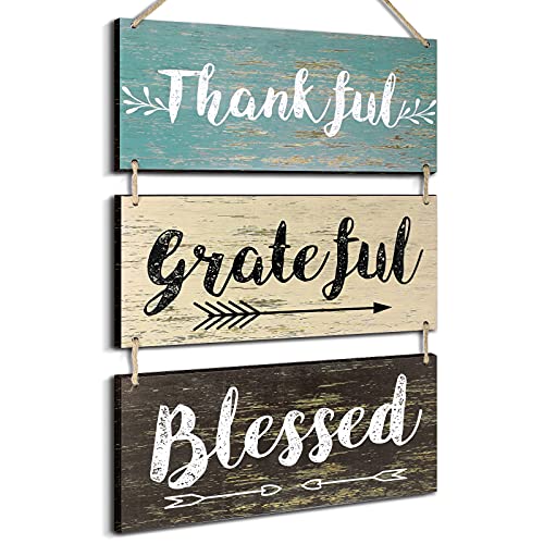 Jetec 3 Pieces Rustic Wooden Board Wall Decor Hanging Signs Decor Thankful Grateful Blessed Wooden Plaque Farmhouse Wall Signs for Living Room Bedroom Bathroom, 11.8 x 6 Inch