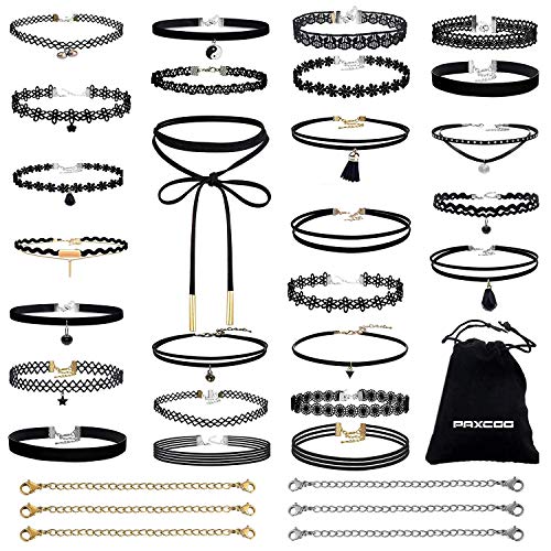 PAXCOO 32 PCS Choker Necklaces Set Including 26 Pcs Black Choker Necklaces and 6 Pcs Extender Chains for Women Girls