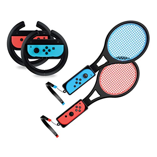 TALK WORKS Steering Wheel/Tennis Racket Combo Pack for Nintendo Switch - Joy Con Controller Grip Racing & Sports Game Accessories for Mario Tennis Aces & Kart