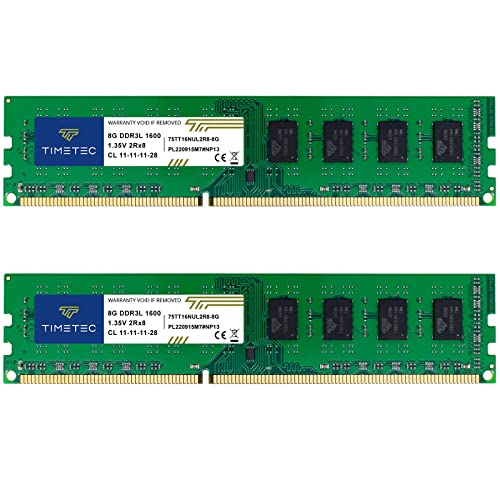 Timetec 16GB KIT(2x8GB) DDR3L / DDR3 1600MHz (DDR3L-1600) PC3L-12800 / PC3-12800 Non-ECC Unbuffered 1.35V/1.5V CL11 2Rx8 Dual Rank 240 Pin UDIMM Desktop PC Computer Memory RAM(SDRAM) Module Upgrade
