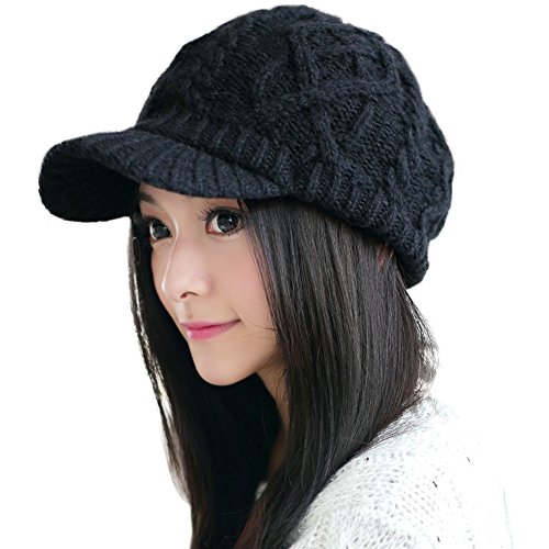 Comhats Winter Newsboy Hats for Women with Brim Knit Visor Caps Wool Bill Ladies Bill Beret Silk Warm Black