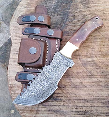 Ottoza Handmade Damascus Tracker Knife with Brown Bone Handle - Survival Knife - Camping Knife - Damascus Steel Knife - Damascus Hunting Knife with Sheath Horizontal Carry Fixed Blade Knife No:256