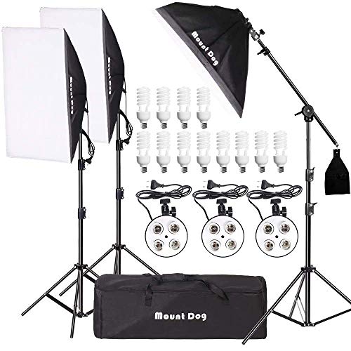 MOUNTDOG 2400W Softbox Photography Lighting Kit 20'x 28' Professional Continuous Studio Lighting Equipment with Boom Arm Hairlight and Carry Case for Portrait Product Video Shooting