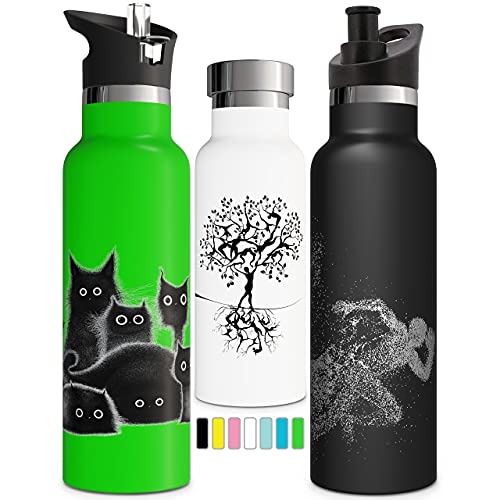 Involve & Evolve Insulated Water Bottle with 3 Lids (Straw Lid) Kids Reusable Double Walled Stainless Steel Flask Metal Cat Thermos 12oz 17oz 20oz 25oz (17 oz, Kiwi)