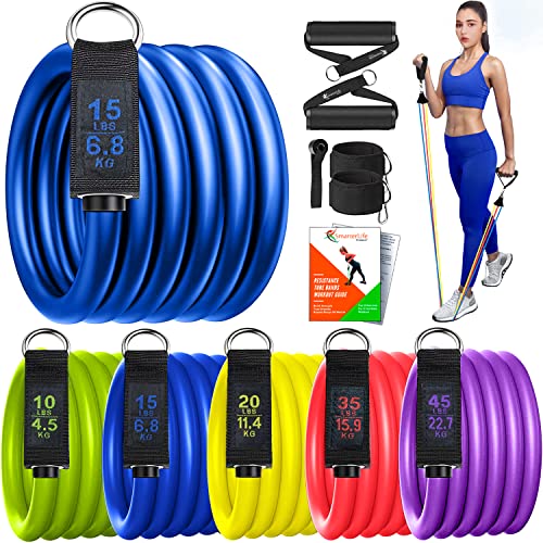 SmarterLife Resistance Bands for Working Out, Physical Therapy - Workout Bands for Women, Men - Tone Arms, Legs, Chest, Booty - 5 Exercise Bands with Handles, Ankle Straps, No-Slip Door Anchor, Bag