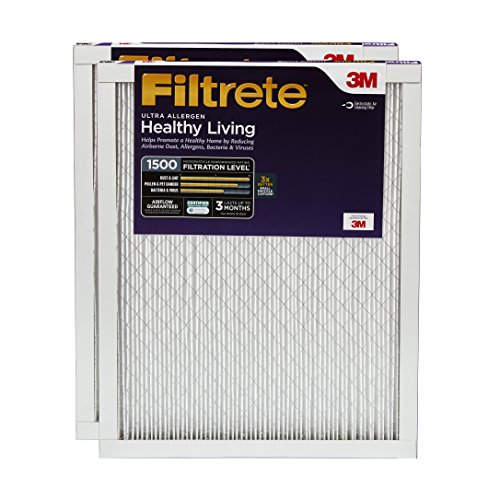 Filtrete 20x25x1 Air Filter, MPR 1500, MERV 12, Healthy Living Ultra-Allergen 3-Month Pleated 1-Inch Air Filters, 2 Filters