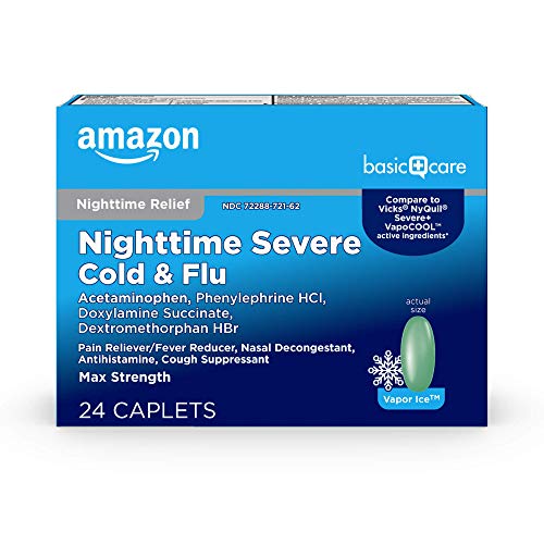 Amazon Basic Care Nighttime Severe Cold and Flu Coated Caplets, Temporarily Relieves Symptoms Like Runny Nose and Sneezing, Vapor Ice, 24 Count