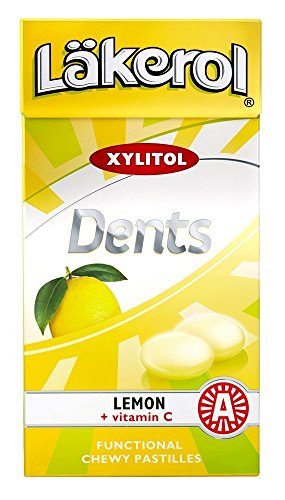 4 Boxes x 36g of Läkerol Dents Lemon + Vitamin C - Original - Swedish - Sugar Free - Xylitol - Pastilles - Lozenges - Dragees - Drops - Candies - Sweets