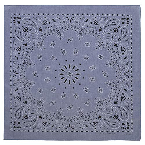 100% Cotton Western Paisley Bandanas (22 inch x 22 inch) Made in USA - Chambray Blue Single Piece 22x22 - Use For Handkerchief, Headband, Cowboy Party, Wristband, Head Scarf - Double Sided Print