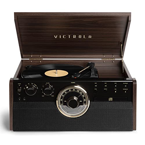 Victrola Empire Signature 6-in-1 Wood Mid Century Modern Bluetooth Record Player with 3-Speed Turntable, CD, Cassette Player and Radio (Renewed)