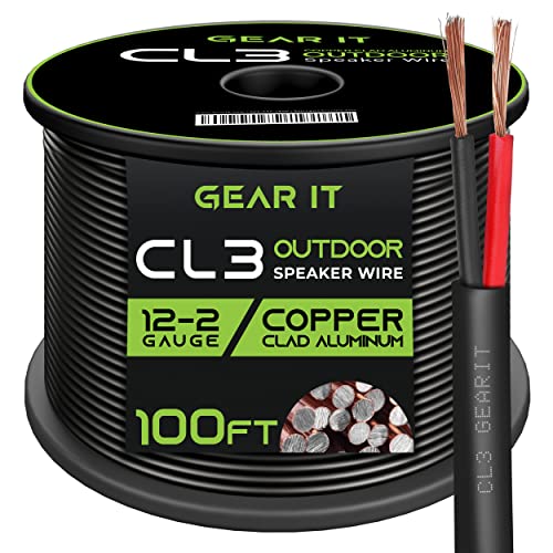 GearIT 12/2 Speaker Wire (100 Feet) 12 Gauge (Copper Clad Aluminum) - Outdoor Direct Burial in Ground/in Wall / CL3 CL2 Rated / 2 Conductors - CCA, Black 100ft