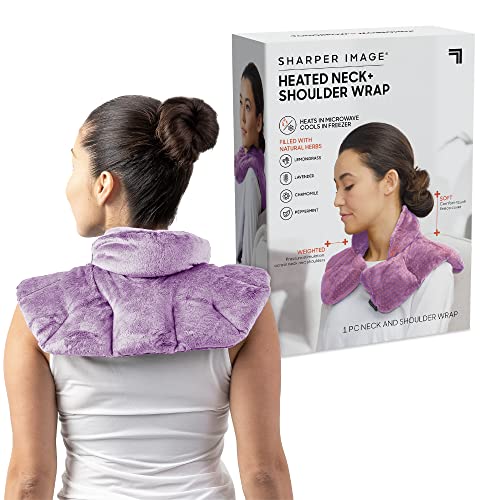 Heated Neck & Shoulder Wrap by Sharper Image - Microwavable Warm & Cooling Plush Pad with Aromatherapy (100% Natural Lavender & Herb Spa Blend) - Soothing Muscle Pain & Tension Relief Therapy - Purple