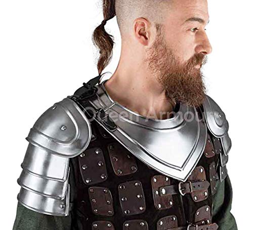 Queen Armour Medieval Iron Gorget Spaulders Arm Shoulder Set Armor Shoulder Knight Armor Crusader Costume Leather Armor Knight Helmet Chest Plate LARP Silver