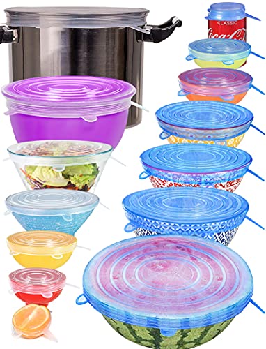 longzon Silicone Stretch Lids 14 Pack Include 2Pcs XXL Size up to 9.8'' Diameter, Reusable Durable Food Storage Covers for Bowl, 7 Different Sizes to Meet Most Containers, Dishwasher & Freezer Safe